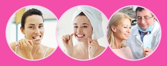 Three pictures of people looking after their dental health