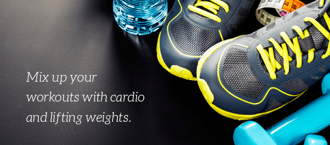 Photo of tennis shoes and weights with text that reminder to mix up cardio and weight lifting workouts