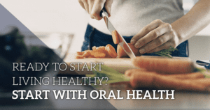 Infogrphic on the connection of oral health and overall health with a photo of a woman chopping carrots on a wooden cutting board.